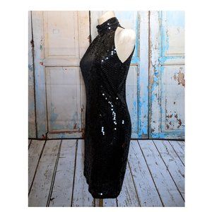 Vintage Nite Line Black Sequin High Neck Cutout Back Evening Dress Size 8